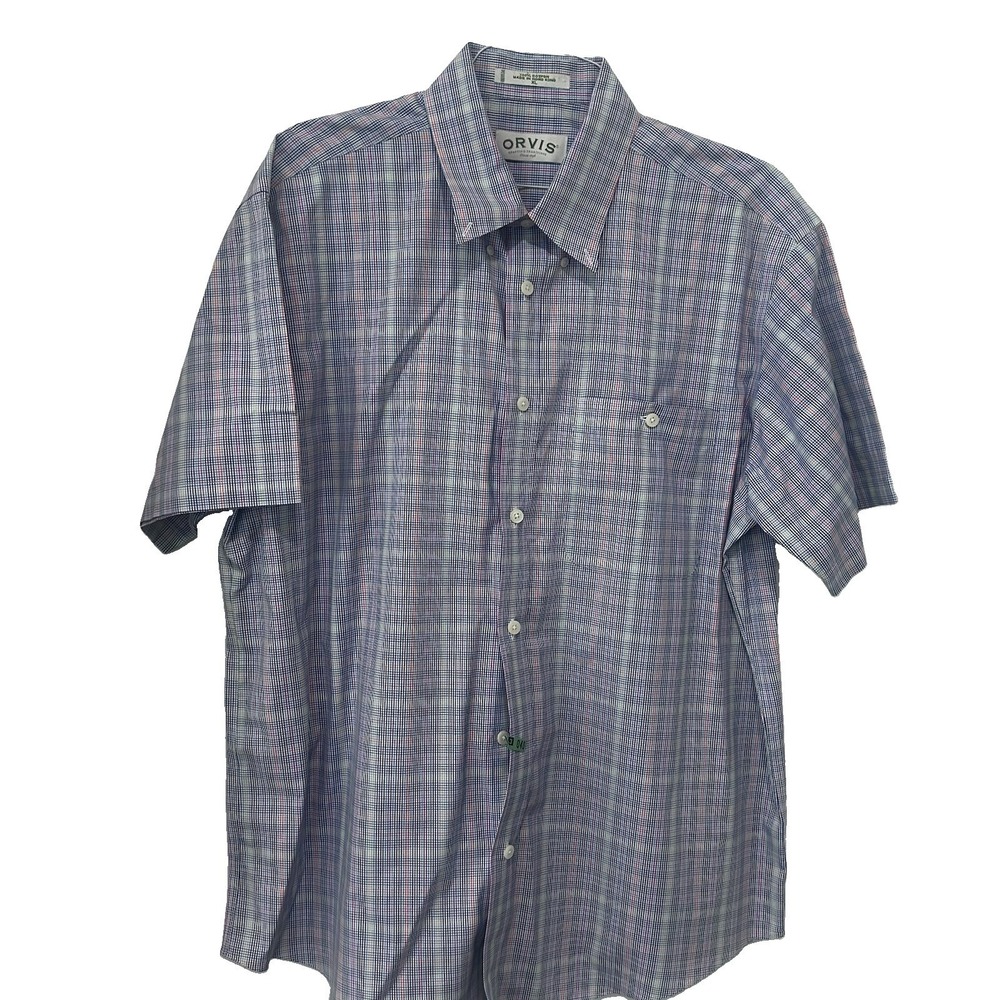 Orvis Mens Multi Color Plaid Cotton Button Down Short Sleeve Shirt Size XL